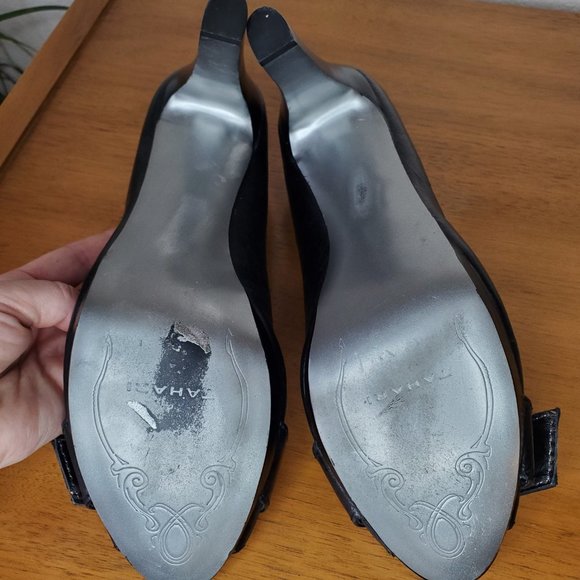 Tahari | Brigitte Black Buckle Peep Toe High Heels | Size 10 - Picture 7 of 12